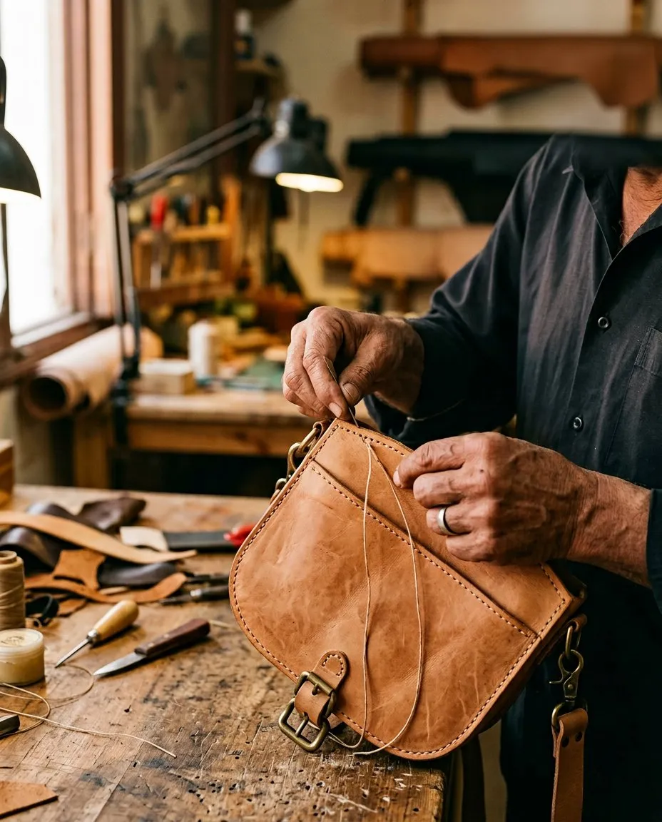An Egyptian artisan hand-finishing a leather bag in a Cairo workshop